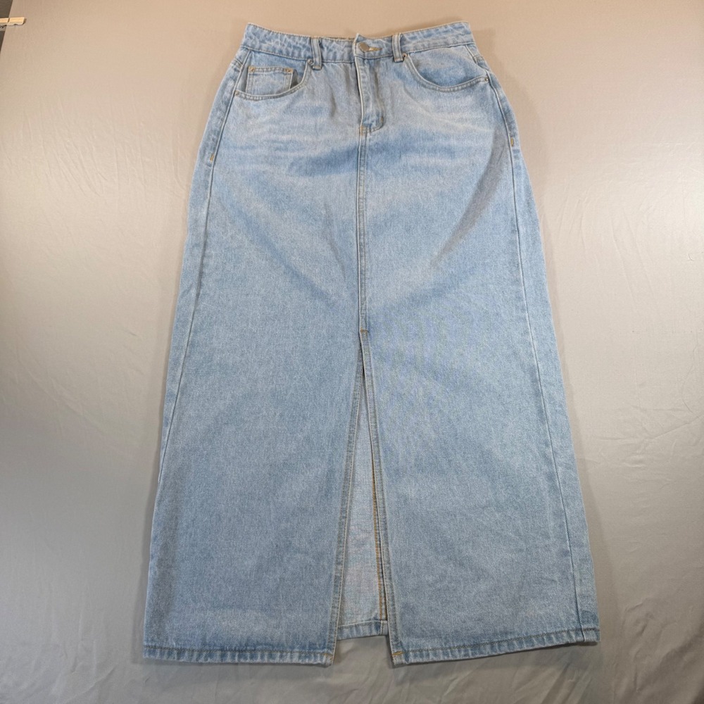 SHEIN Blue Denim Maxi Skirt Light Wash Front Slit High Waisted Size 6‎ M
